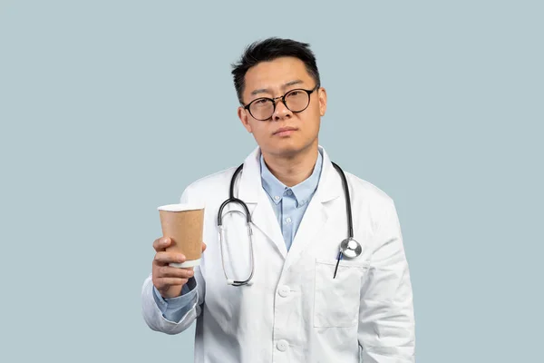 Tired Unhappy Middle Aged Chinese Male Doctor White Coat Glasses — Stock Photo, Image