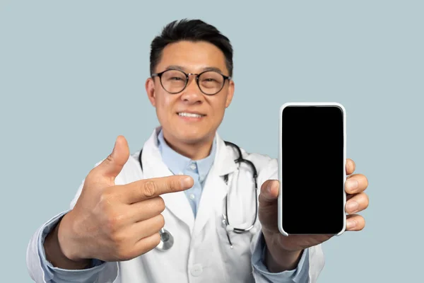 Glad Middle Aged Chinese Man Therapist White Coat Glasses Points — Stock Photo, Image