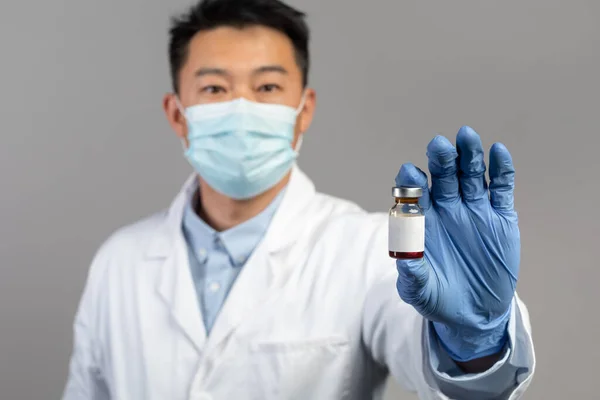 Serious Mature Chinese Man Doctor White Coat Protective Gloves Shows — Stock Photo, Image