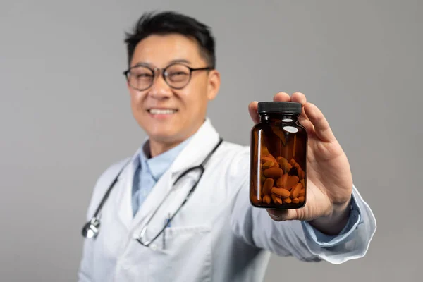Cheerful Middle Aged Chinese Male Doctor White Coat Glasses Shows — Stock Photo, Image