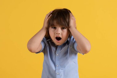 Hayır, olamaz. Küçük tatlı bir çocuk başını çarpıyor, kameraya bakıyor, ağzı açık, turuncu stüdyo arka planı var.