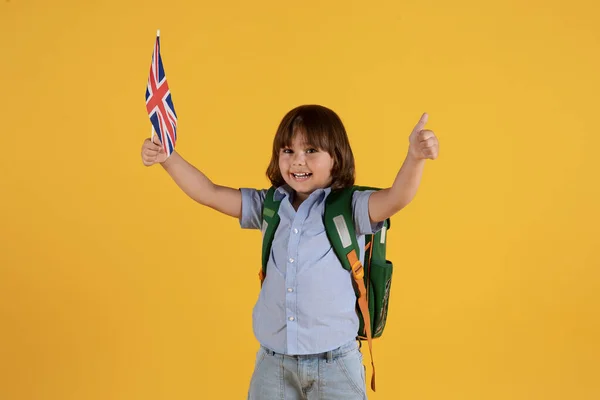 Gelukkige Kleine Jongen Kleuter Met Rugzak Houden Van Vlag Gebaren — Stockfoto