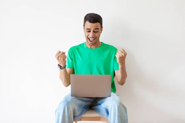 Promotion Work Concept Happy Arab Man Celebrating Success Looking Laptop — Stock Photo, Image