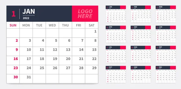 Calendário 2022 Ano Design Vector — Vetor de Stock