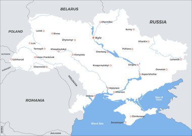  Ukrayna Ülkesi Ayrıntılı Şehirler Harita Vektörü İllüstrasyonu