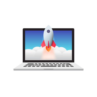  Laptop ve Roket Başlangıç Konsepti Vektör İllüstrasyonu
