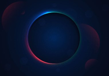 Koyu mavi arkaplanda, parlak neon ışıklı, soyut bir çember şeklinde derin boyut. Metin için fotokopi alanı olan arkaplan kozmik çemberi. Vektör illüstrasyonu