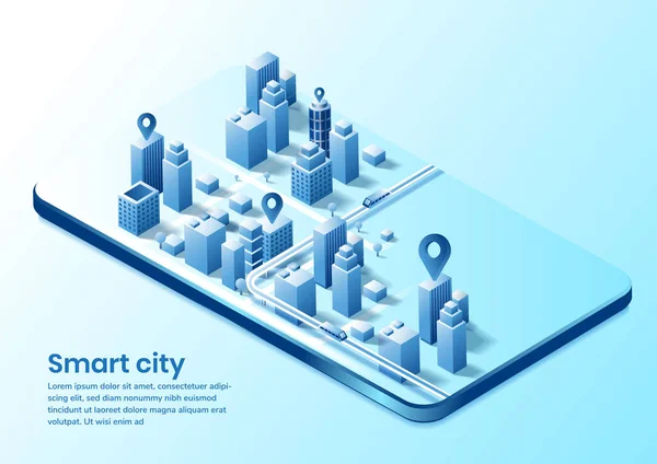 Basit Akıllı Şehrin Akıllı Şehir Izometrik Tasarım Konsepti Reklam Poster — Stok Vektör