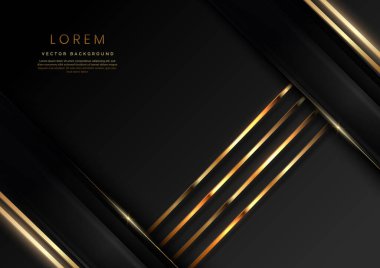Soyut 3D gri ve siyah lüks geometrik köşegenler üst üste binen parlak siyah zemin üzerinde altın çizgiler ve metin için fotokopi alanı var. Vektör illüstrasyonu
