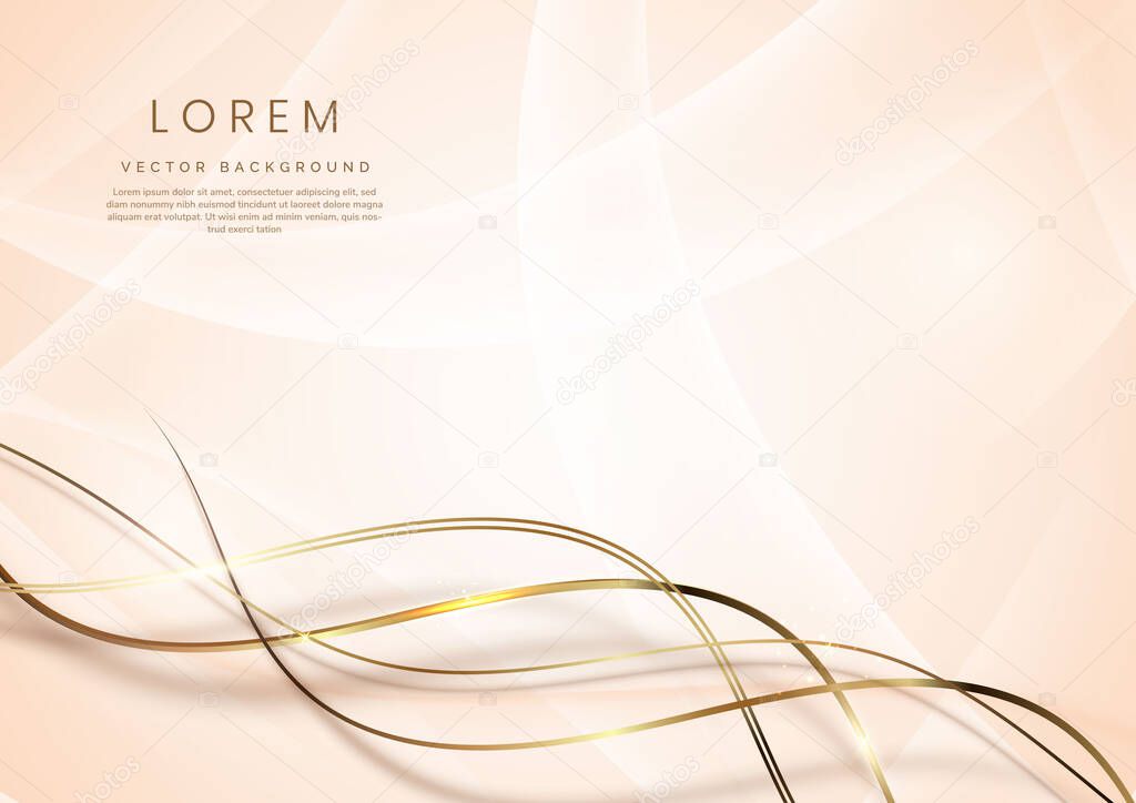 Abstract 3d template curved soft gold layered background with gold lines sparking with copy space for text. Luxury style. Vector illustration