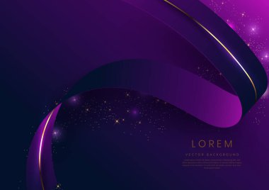 Mor ve koyu mavi arka planda soyut 3D altın kıvrımlı kurdele. Işıklandırma efekti ve metin için fotokopi alanı ile parıldıyor. Lüks tasarım tarzı. Vektör illüstrasyonu