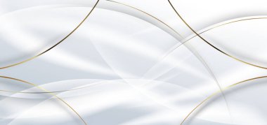Soyut 3d beyaz arkaplan, altın çizgiler kıvrımlı kıvrımlı, metin için kopyalama alanı ile parıldıyor. Lüks şablon tasarımı. Vektör illüstrasyonu