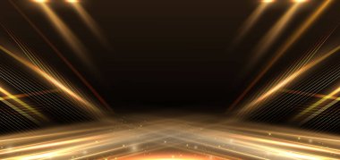 Soyut, zarif altın kıvrımlı, ışık efektli, siyah arka planda parlıyor. Şablon premium ödül tasarımı. Vektör illüstrasyonu