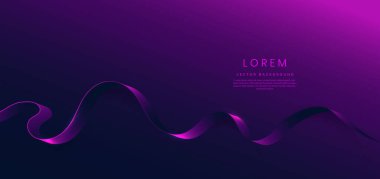 Soyut 3d kıvrımlı mor ve koyu mavi kurdele koyu arkaplanda ışık efekti ve metin için kopyalama alanı ile ışıldıyor. Lüks tasarım tarzı. Vektör illüstrasyonu