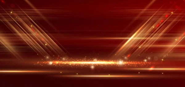 Elegant Golden Stage Diagonal Glowing Lighting Effect Sparkle Red Background — Stockvector