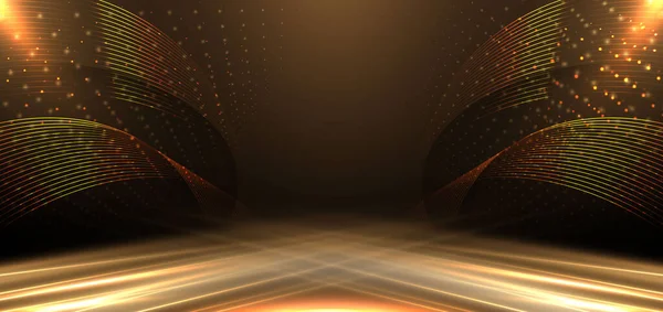 Elegant Golden Stage Diagonal Glowing Lighting Effect Sparkle Black Background — Stockvector