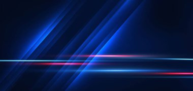 Soyut teknoloji parlak mavi ve kırmızı ışık çizgileri ile koyu mavi arka plan üzerinde hız hareketi bulanıklaştırıyor. Vektör illüstrasyonu