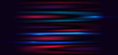 Soyut teknoloji parlak mavi ve kırmızı ışık çizgileri ile koyu mavi arka plan üzerinde hız hareketi bulanıklaştırıyor. Vektör illüstrasyonu