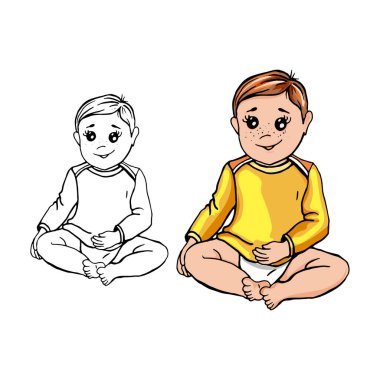 Bebek bezle oturuyor, taslak çizimi, vektör görüntüsü, komik çizgi film karakteri. Vektör çizimi. Beyaz arka planda izole edilmiş. Boyama kitabı. Renk ve siyah ve beyaz resim