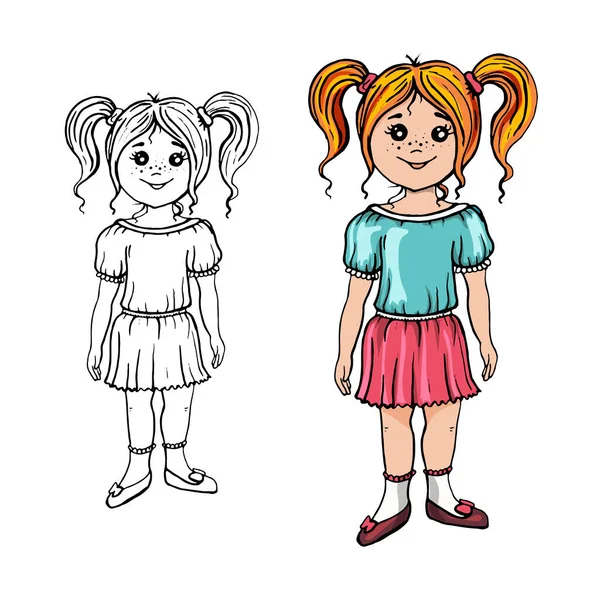 Дівчина стоїть ізольовано, смішний мультиплікаційний персонаж. Векторні ілюстрації. Ізольовані на білому тлі. Розмальовка. Кольорове і чорно-біле зображення — стоковий вектор