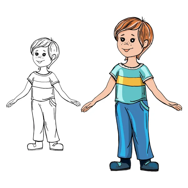 मुलगा वेगळा उभा, मजेदार कार्टून वर्ण. व्हेक्टर स्पष्टीकरण. पांढरा पार्श्वभूमीवर पृथक्. रंगीत पुस्तक. रंग आणि काळा आणि पांढरा प्रतिमा — स्टॉक व्हेक्टर