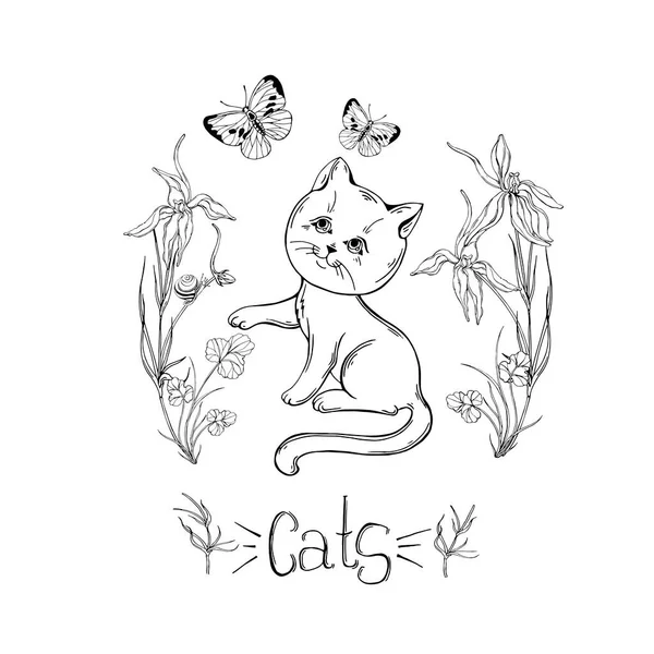 Gato gráfico con flores silvestres con insectos — Vector de stock