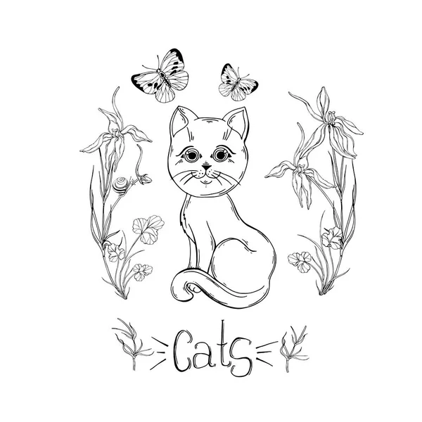 Графический кот с полевыми цветами и насекомыми — стоковый вектор