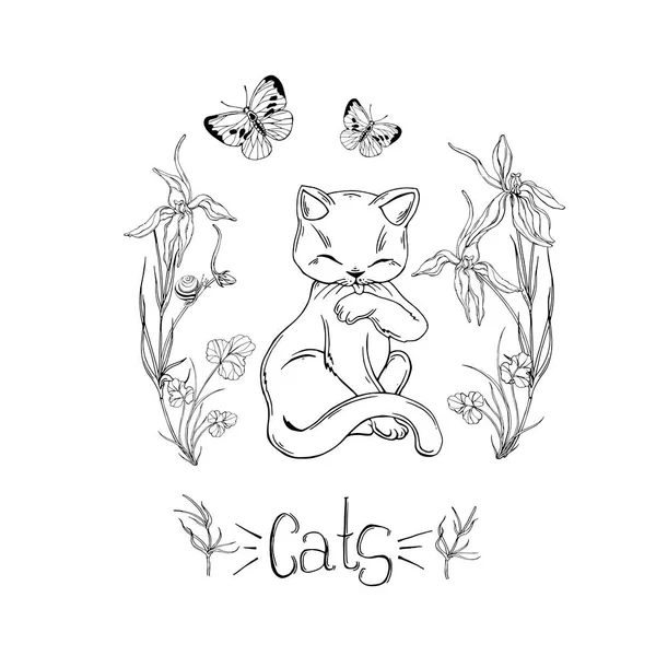 Графический кот с полевыми цветами и насекомыми — стоковый вектор