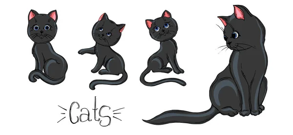 Conjunto pintado de gatos negros en diferentes poses. — Archivo Imágenes Vectoriales