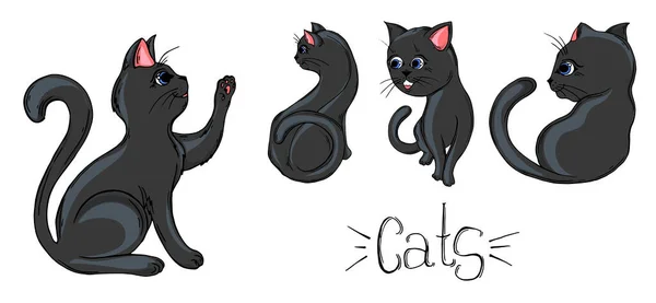 Conjunto pintado de gatos negros en diferentes poses. — Archivo Imágenes Vectoriales