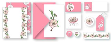 Çiçekli kartpostalların olduğu vektör seti. Bahar motifi.