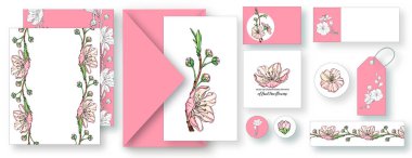 Çiçekli kartpostalların olduğu vektör seti. Bahar motifi.