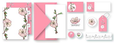 Çiçekli kartpostalların olduğu vektör seti. Bahar motifi.