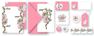 Çiçekli kartpostalların olduğu vektör seti. Bahar motifi.