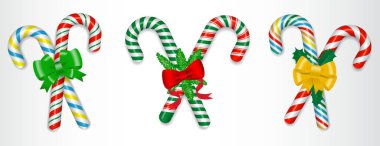 Gerçekçi şeker kamışı seti izole edilmiş ya da çaprazlanmış tatlı şekerlemeler yaylı ya da geleneksel hediye Noel tatili ile bağlanmış. vektör içer