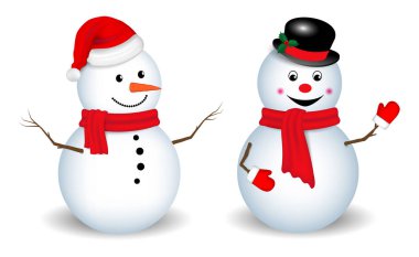 Gerçekçi kardan adam takımı ya da karlı arka planda Noel Baba şapkası olan sevimli kardan adam ya da tıbbi maske konsepti olan kardan adam. vektör içer