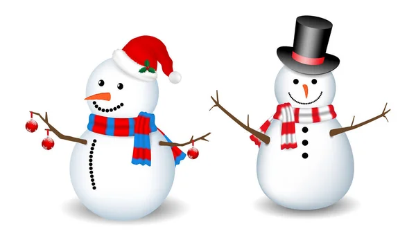 Set Realistic Snowman Isolated Cute Snowman Santa Hat Snowy Background — Stock Vector
