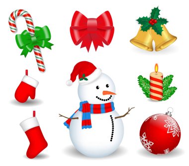 Gerçekçi dekoratif Noel dekorasyon seti ya da tasarım elementi teması ya da noel kurdelesi dekorasyon konsepti. vektör içer