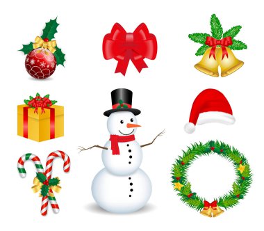 Gerçekçi dekoratif Noel dekorasyon seti ya da tasarım elementi teması ya da noel kurdelesi dekorasyon konsepti. vektör içer