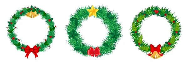 Conjunto Grinalda Realista Natal Grinalda Ornamento Isolado Coroa Decoração Natal —  Vetores de Stock