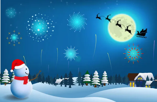 Set Realistic Snowman Fireworks Show Isolated Cute Snowman Santa Hat — Stock Vector