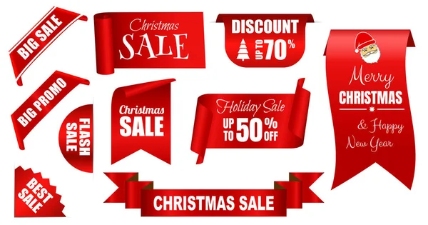 Set Realistic Red Banner Christmas Sale Isolated Scroll Red Paper — Stock Vector