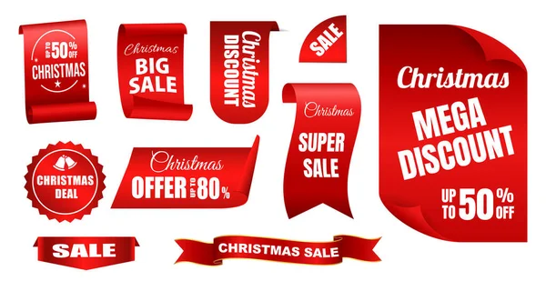 Uppsättning Realistiska Röda Banner Jul Försäljning Isolerad Eller Bläddra Rött Stockillustration