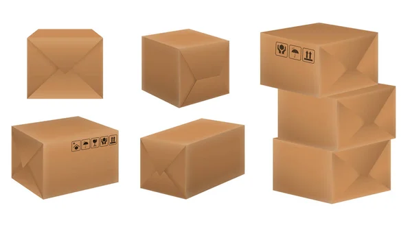 Set Aus Realistischer Brauner Pappe Isoliert Oder Attrappe Zerbrechliche Verpackung — Stockvektor