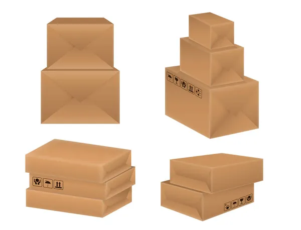 Gerçekçi Kahverengi Karton Seti Kırılgan Ambalaj Paketleme Dükkanını Izole Etti — Stok Vektör