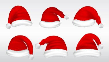 Gerçekçi Noel Baba şapkaları ya da Noel Baba şapkaları ya da Noel Baba Noel Baba ve Kızıl Şapka Kış Konsepti. vektör içer