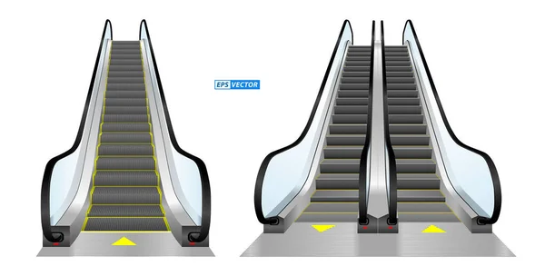 Ensemble Escaliers Roulants Réalistes Escaliers Isolés Escaliers Rapides Aéroport Équipement — Image vectorielle