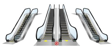 Gerçekçi yürüyen merdiven seti izole ya da hız merdiveni havaalanı ya da elektronik merdiven ekipmanı. vektör içer