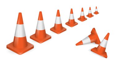 set of realistic cone traffic isolated or road work safety sign to indicate accident or red striped white road mark. eps vector clipart