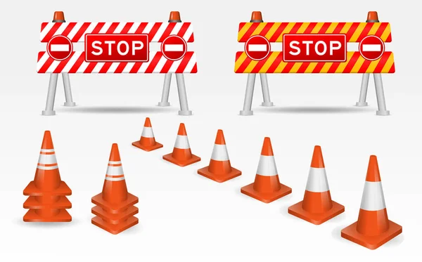 Set Realistic Cone Traffic Isolated Road Work Safety Sign Indicate — 图库矢量图片